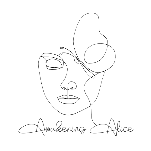 Line art of a face with a butterfly on a white background, featuring the text 'Awakening Alice'.