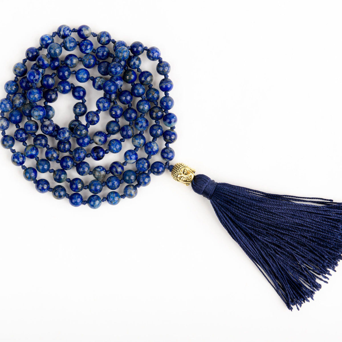 Blue Lapis Lazuli Mala Beads with Gold Buddha and Silk Tassel by MeraKalpa Malas 