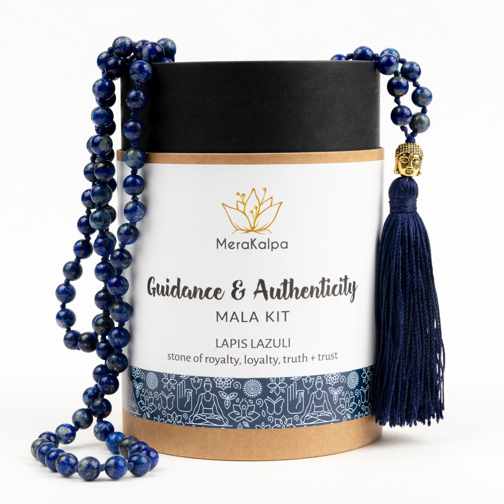 Lapis Lazuli Mala Beads DIY Mala Necklace Kit Learn How to make a Mala for Intuition by MeraKalpa Malas