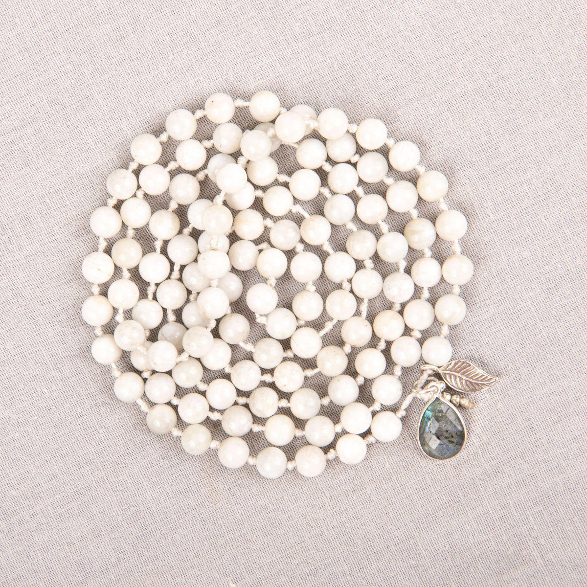 Moonstone Mala Necklace with Labradorite Charm and Silver Leaf Merakalpa Malas