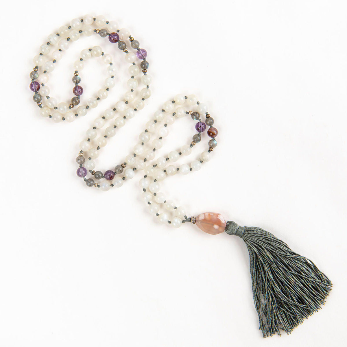 White Mala Beads with Super Seven Gemstone Necklace Merakalpa Malas