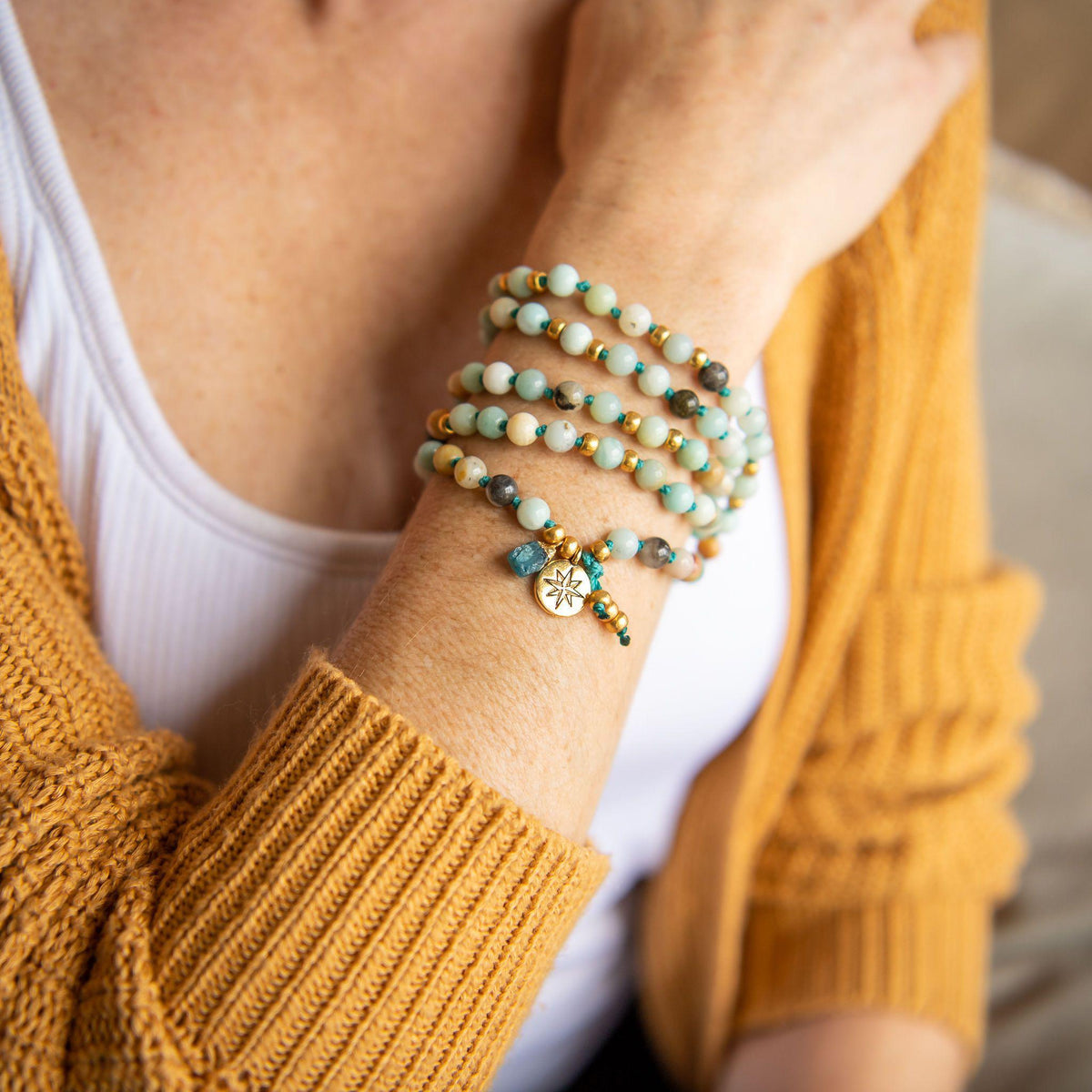 Amazonite Gemstone Wrap Bracelet Mala Beads for Courage Merakalpa Malas